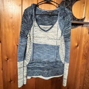 INC International Concepts Blue Open Knit Hooded Sweater Medium Boho